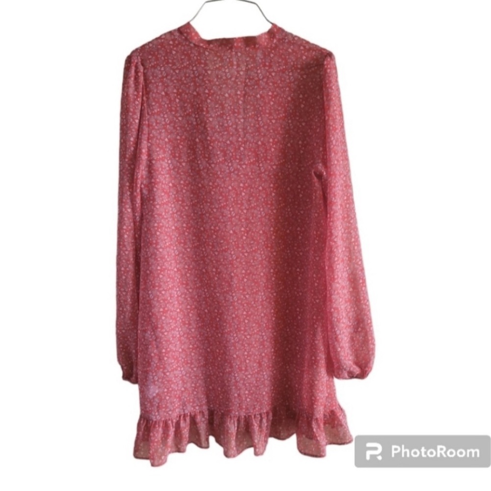Free People Sheer Floral Red Long Sleeve Tie-Neck Ruffle Dress - Picture 2 of 5